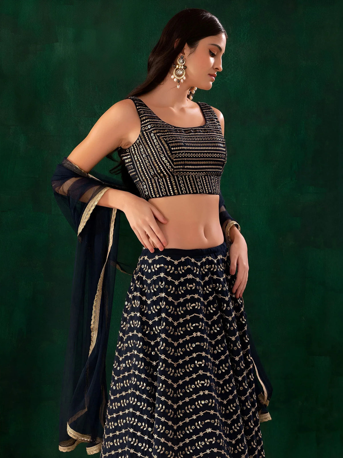 Charming Navy Blue Sequins Georgette Party Wear Lehenga Choli