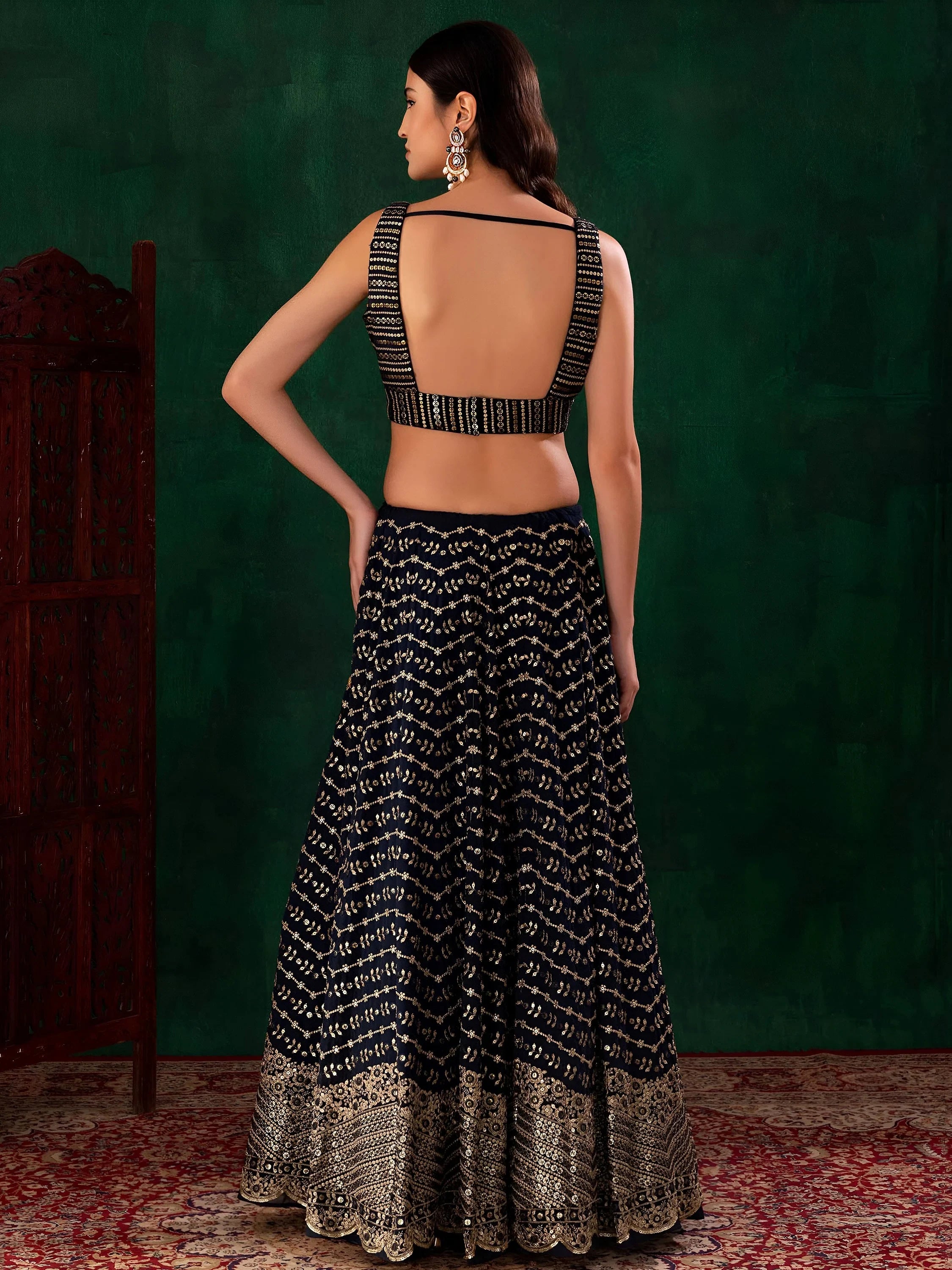Charming Navy Blue Sequins Georgette Party Wear Lehenga Choli