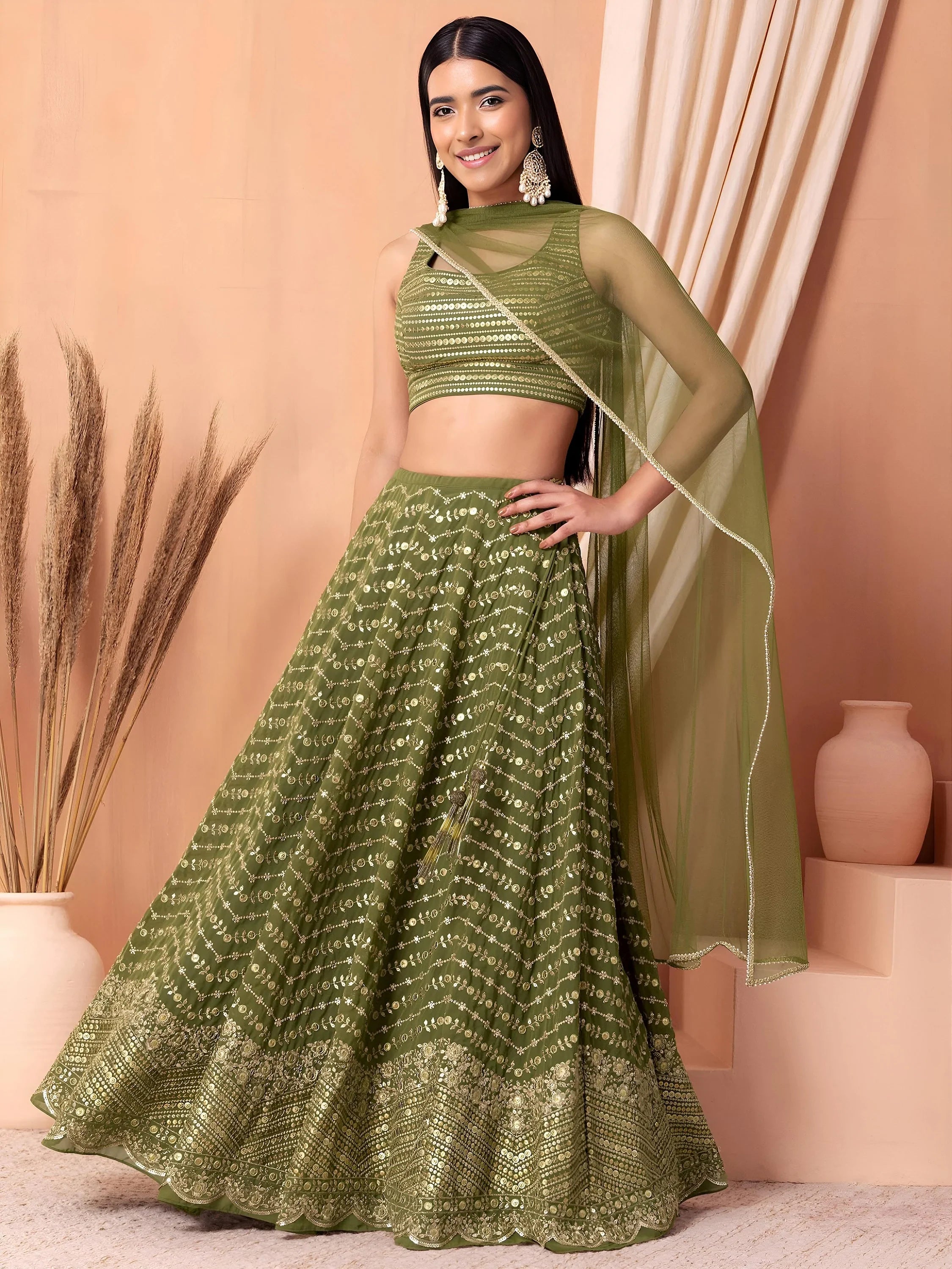 Stunning Green Zari Embroidered Georgette Mehendi Wear Lehenga Choli