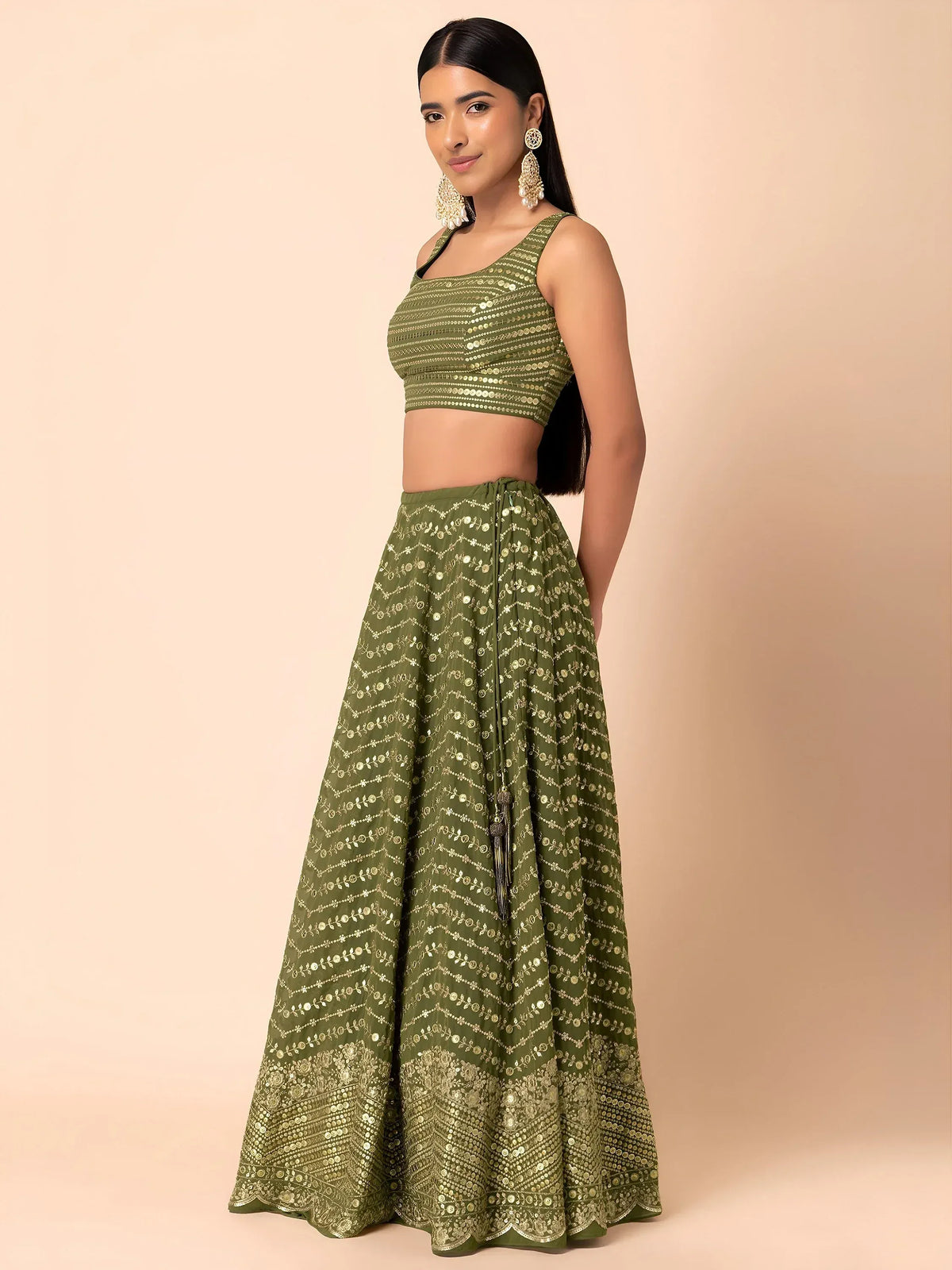 Stunning Green Zari Embroidered Georgette Mehendi Wear Lehenga Choli