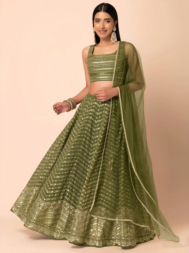 Stunning Green Zari Embroidered Georgette Mehendi Wear Lehenga Choli