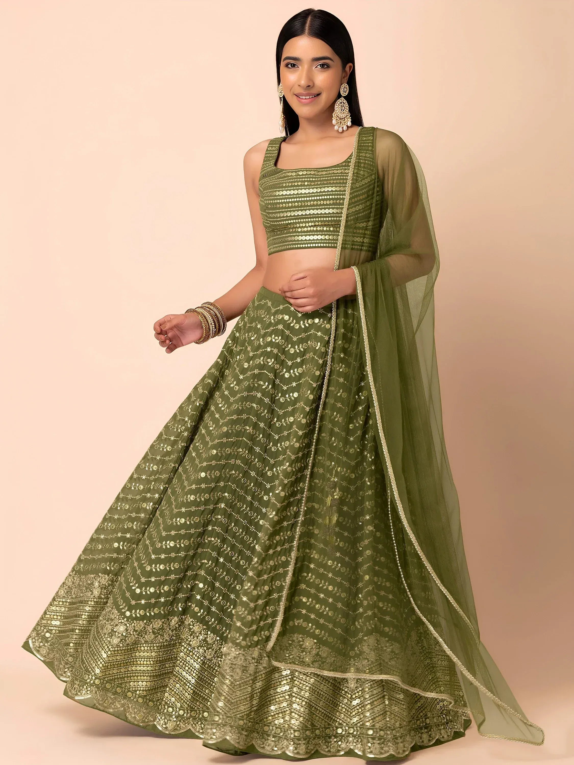 Stunning Green Zari Embroidered Georgette Mehendi Wear Lehenga Choli