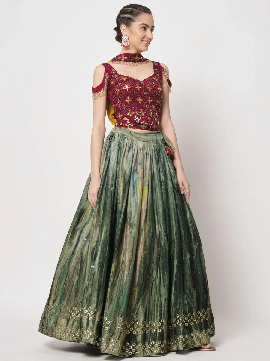 Maroon embroidered crop top with green pleated lehenga, Indian ethnic wear for women