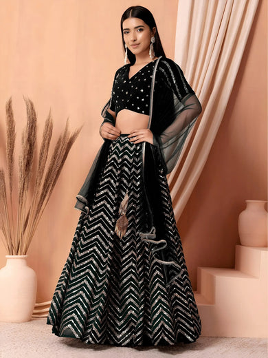 Lovely Black Zari Embroidered Georgette Reception Wear Lehenga Choli