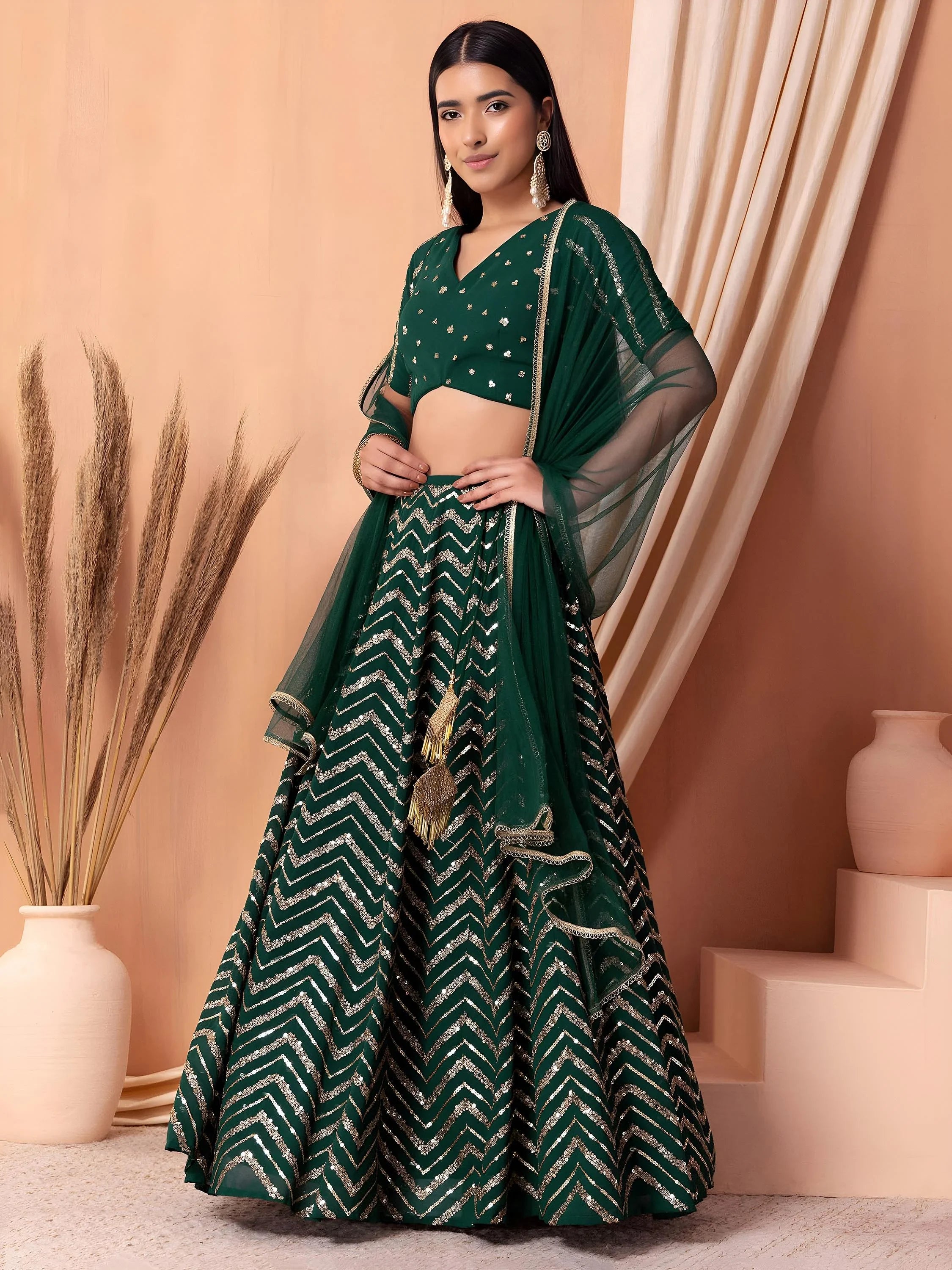 Attractive Green Embroidered Georgette Mehendi Wear Lehenga Choli