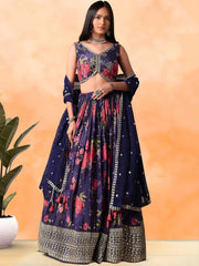 Rich Purple Floral Printed Chinon Lehenga Choli With Dupatta