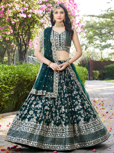 Feminine Green Sequins Mehendi Wear Lehenga Choli