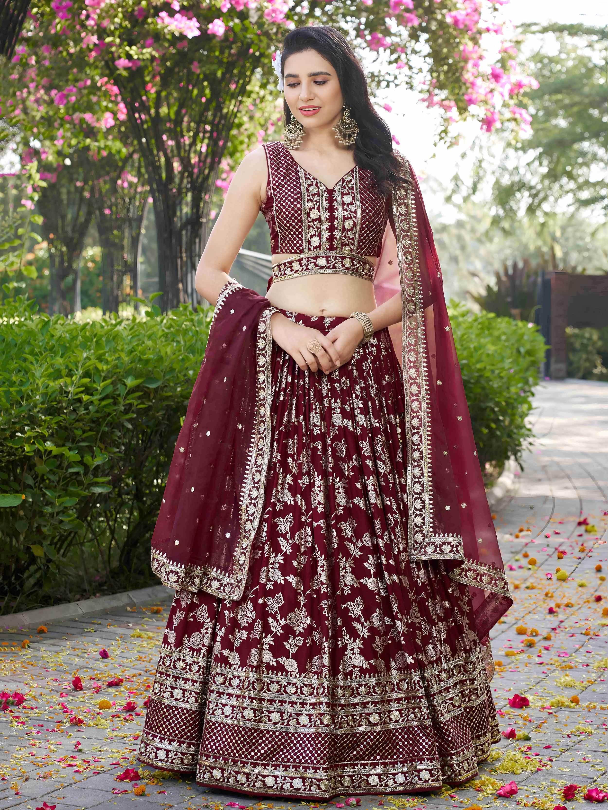 Impressive Maroon Thread Work Silk Lehenga Choli With Dupatta