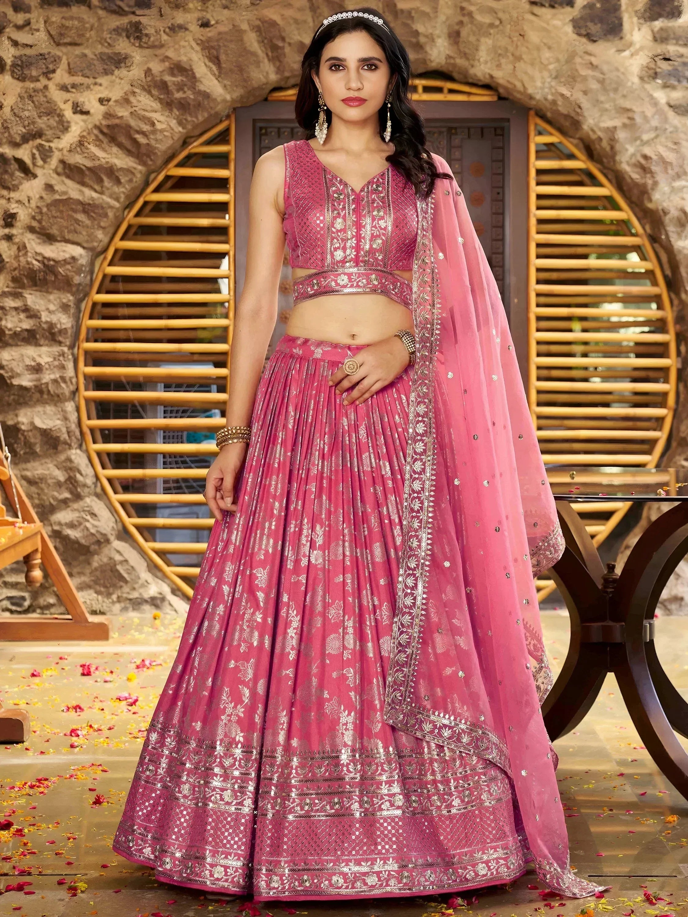 Striking Peach Silk Reception Wear Lehenga Choli With Dupatta