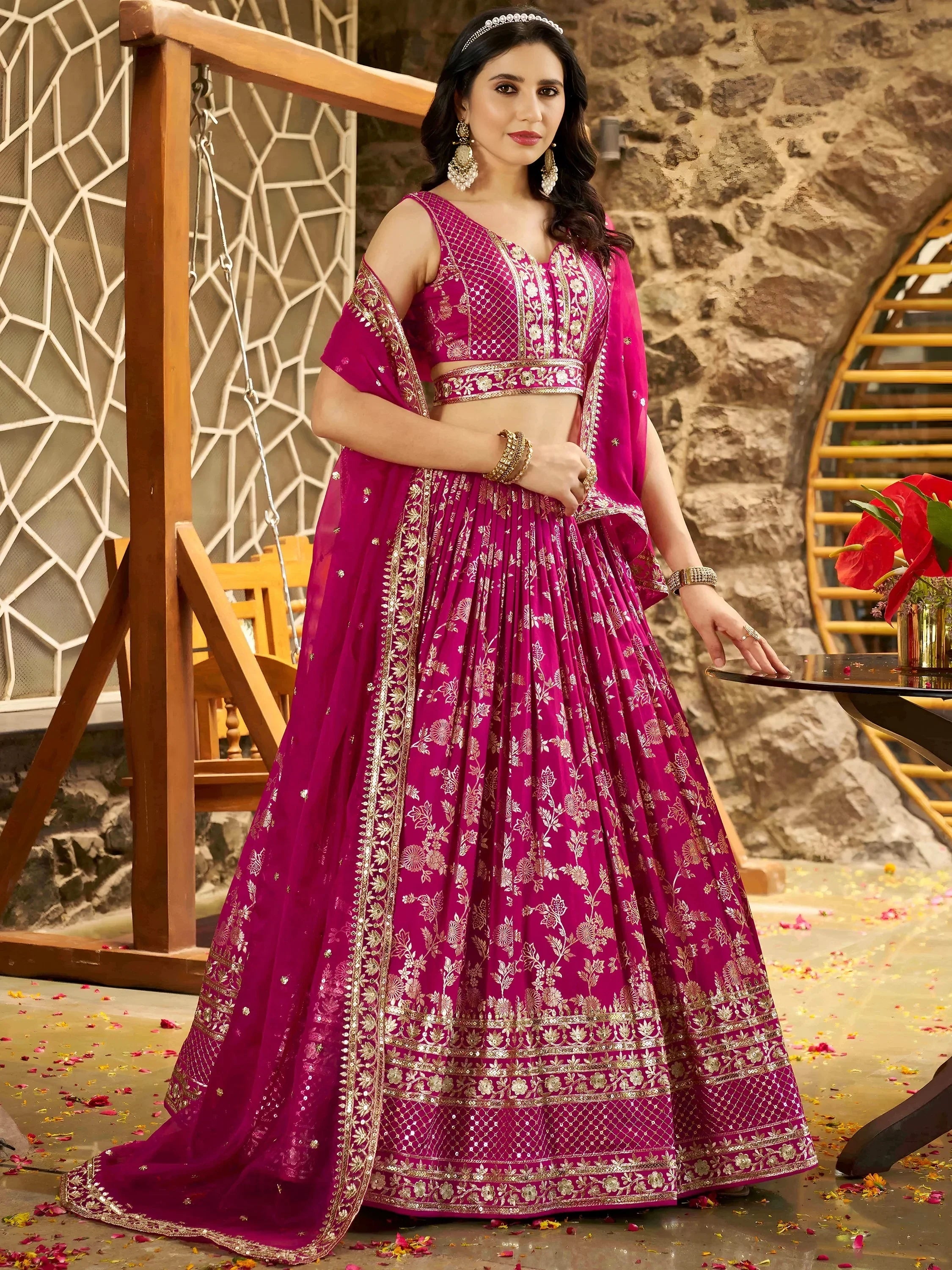 Captivating Rani Pink Thread Embroidery Wedding Wear Lehenga Choli