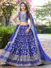 Luxurious Blue Embroidered Zari Silk Lehenga Choli With Dupatta
