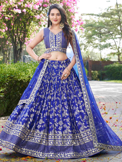 Luxurious Blue Embroidered Zari Silk Lehenga Choli With Dupatta