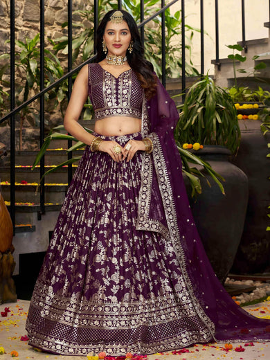 Attractive Wine Silk Embroidered Bridesmaids Lehenga Choli