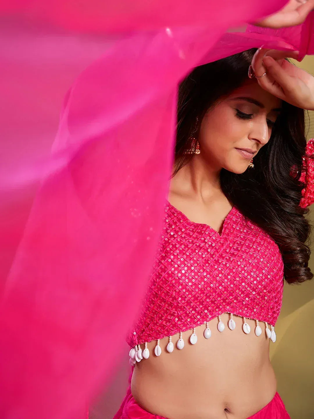 Pink sequin lehenga choli with shell trim, Indian ethnic wear