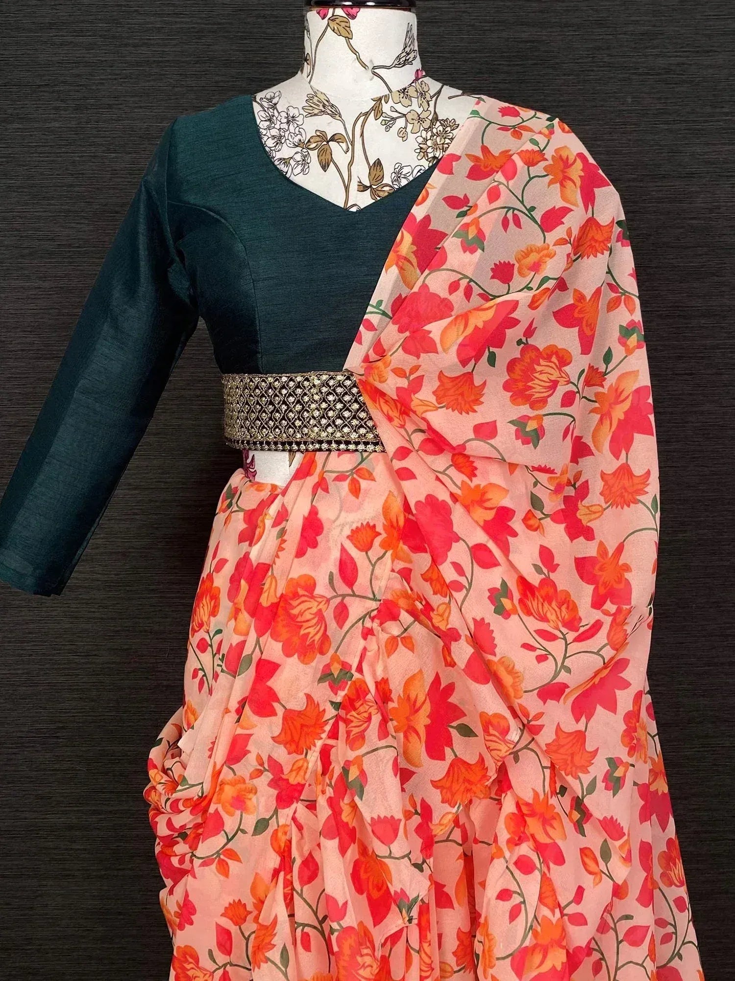 Floral print saree with dark green blouse and embellished belt, Indian ethnic wear