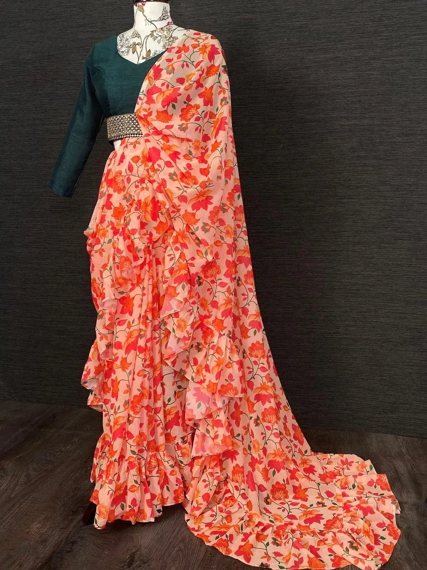 Floral printed ruffle saree with green blouse, ethnic Indian wear for women