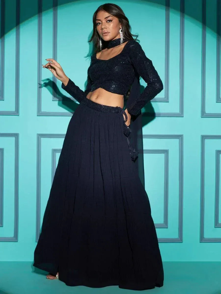 Black sequin crop top with pleated skirt, ethnic wear for women