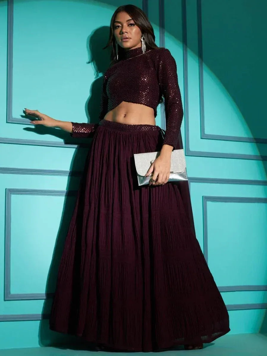 Burgundy sequin crop top with pleated skirt, ethnic wear for women, stylish Indian outfit