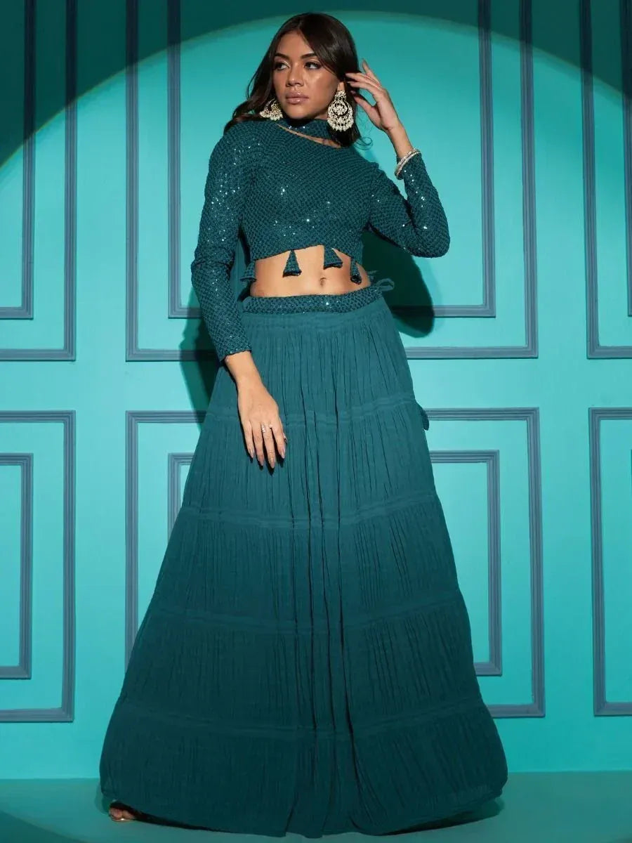 Teal sequin crop top with pleated lehenga skirt, Indian ethnic wear for women