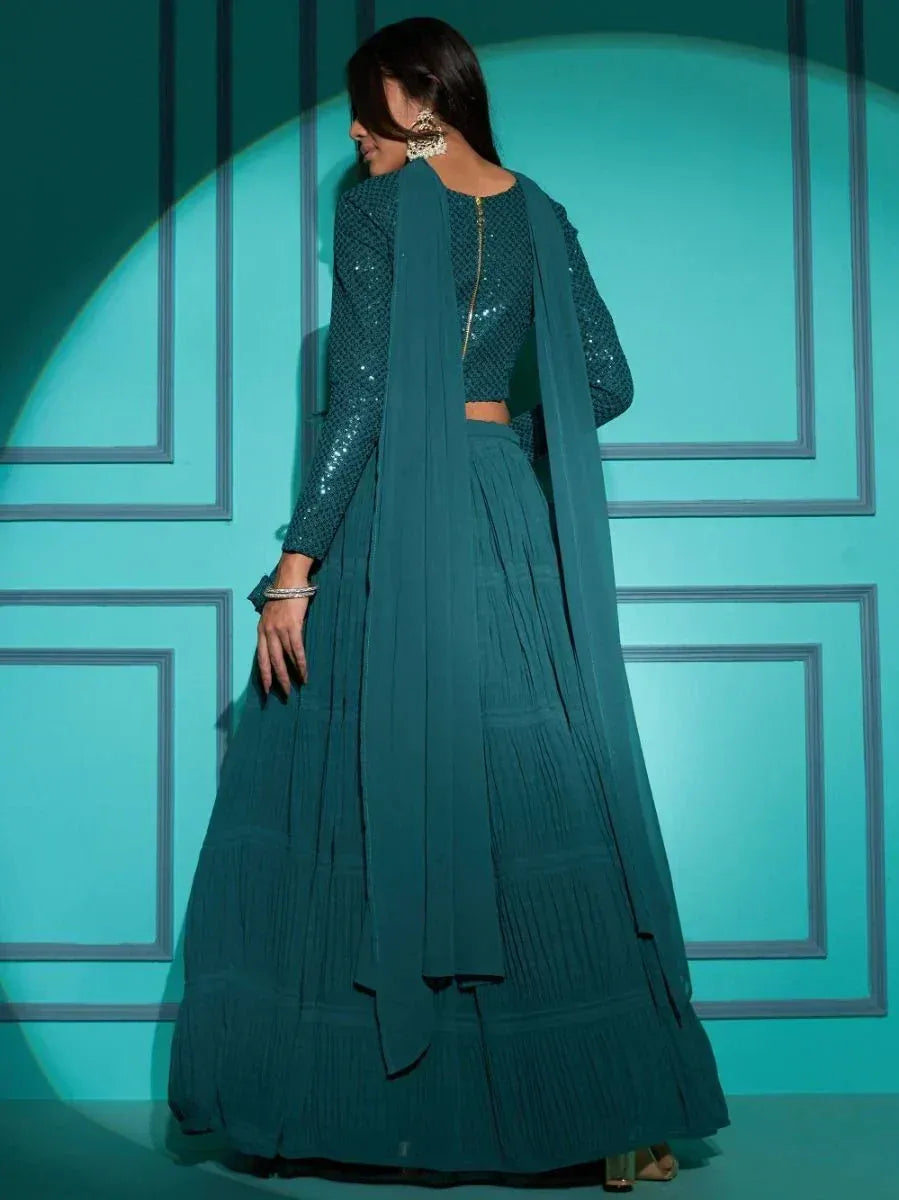 Teal sequin crop top with pleated lehenga and dupatta, Indian ethnic wear for women