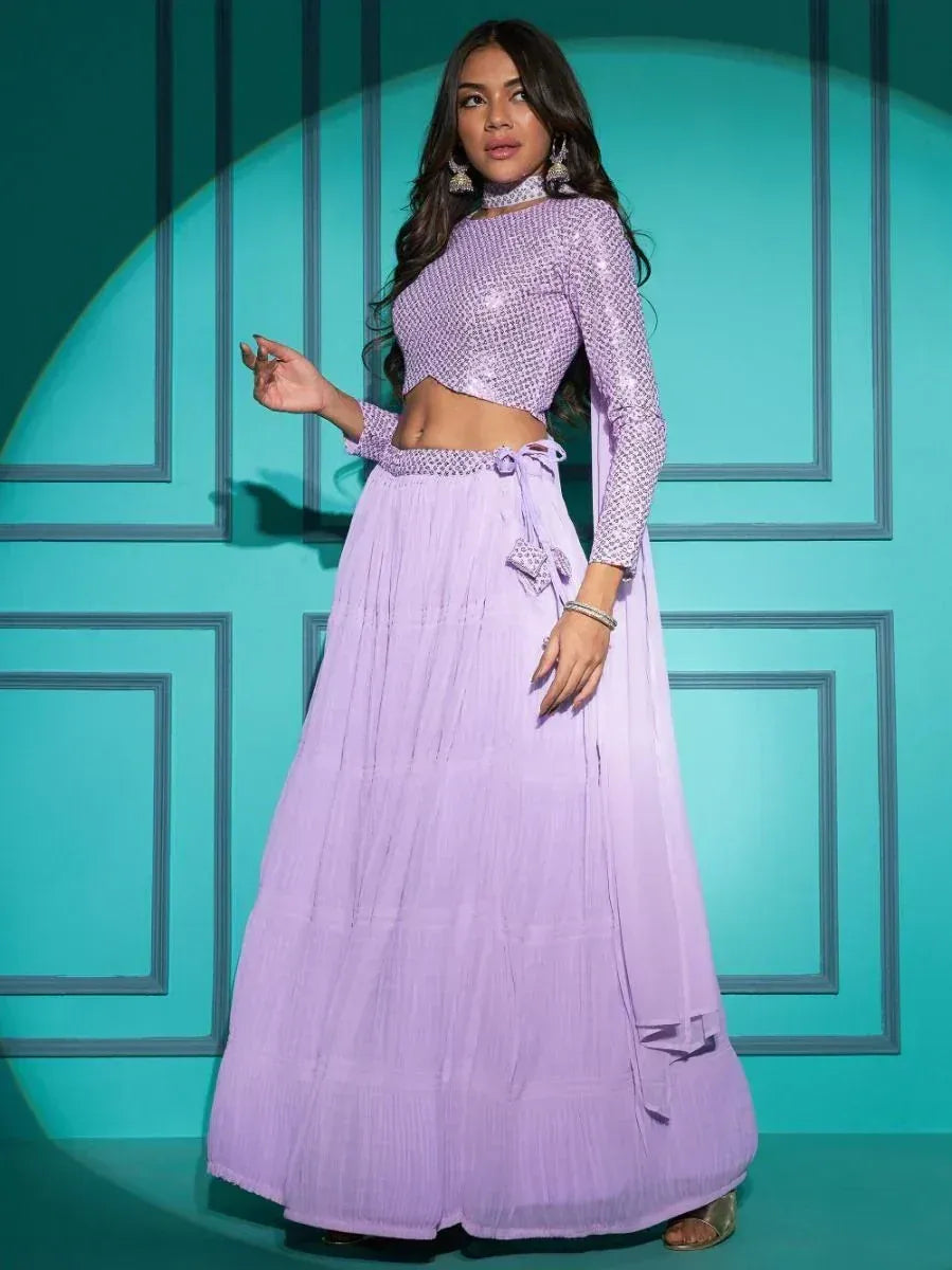 Lavender ethnic lehenga choli with sequin top and pleated skirt, perfect for Indian weddings and festive occasions