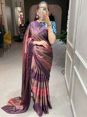 Alluring Brown Zari Striped Rangoli Silk Party Wear Saree With Blouse