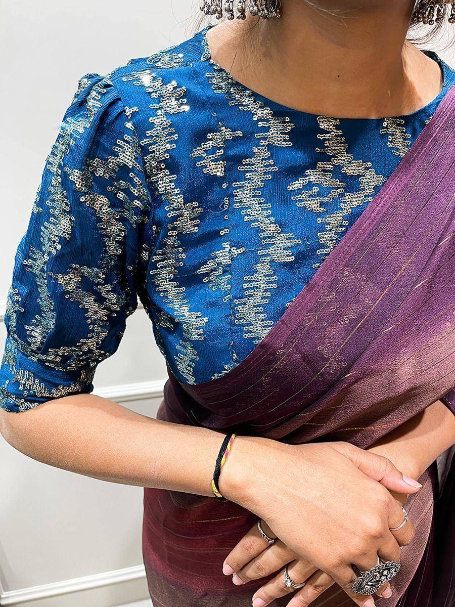 Blue embroidered blouse with purple saree, ethnic Indian wear
