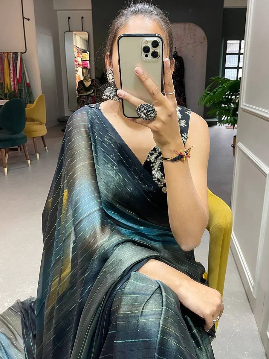 Magnificent Grey Shaded Zari Rangoli Silk Party Wear Saree With Blouse