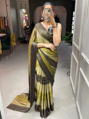 Lovely Mehendi Green Zari Striped Rangoli Silk Party Wear Saree