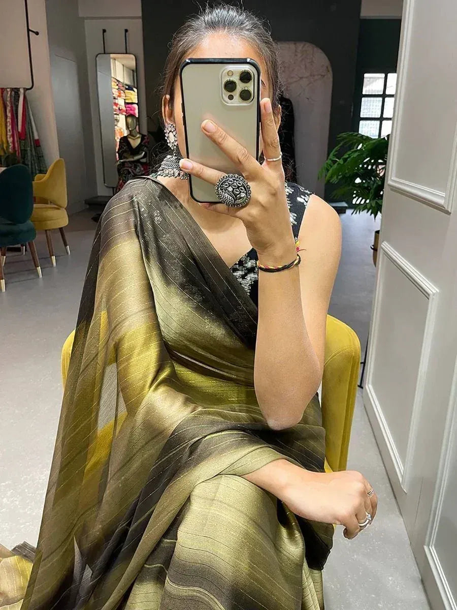 Elegant olive green saree with black stripes, paired with designer jewelry for ethnic wear