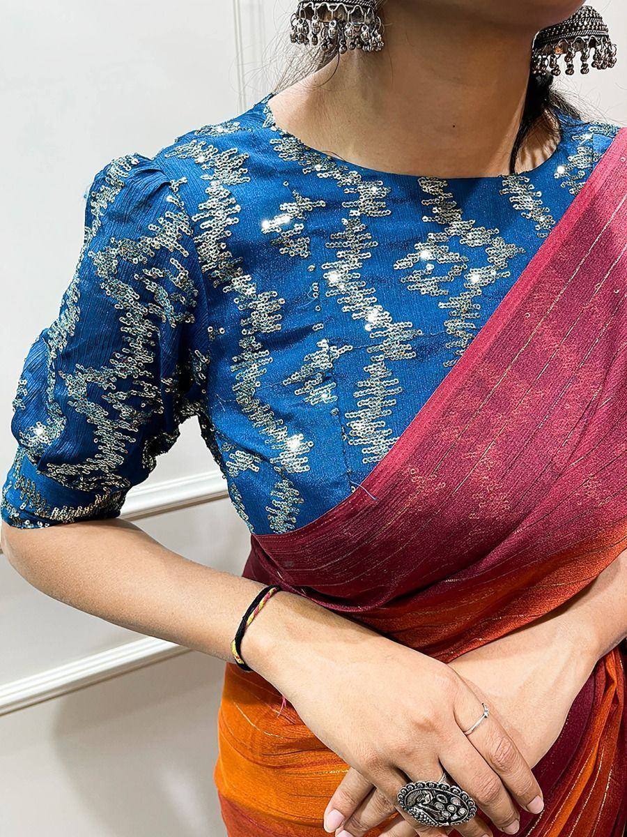Blue sequin blouse with puff sleeves paired with ombre saree, ethnic Indian wear