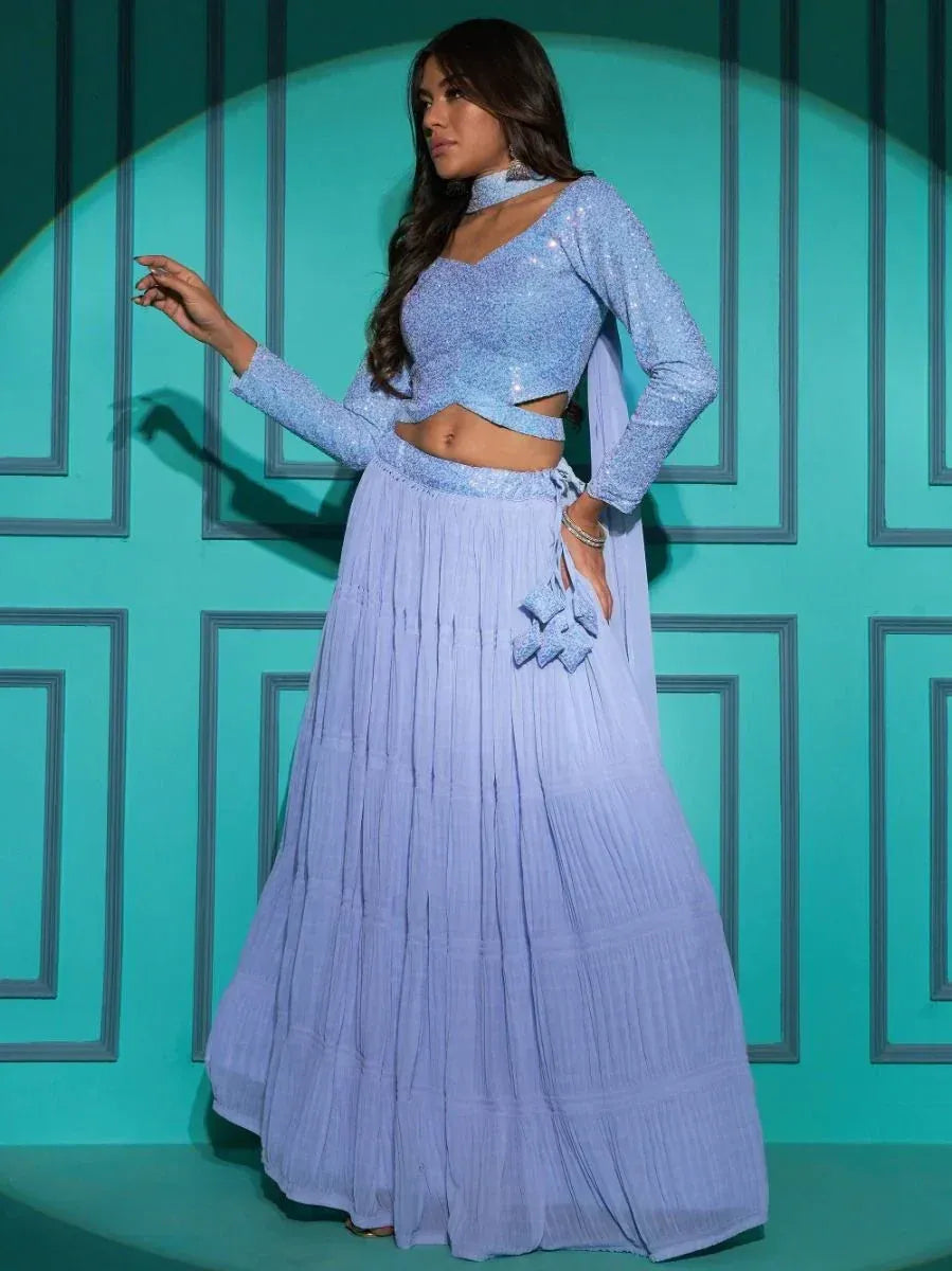 Light blue sequin crop top with pleated lehenga skirt, Indian ethnic wear for women