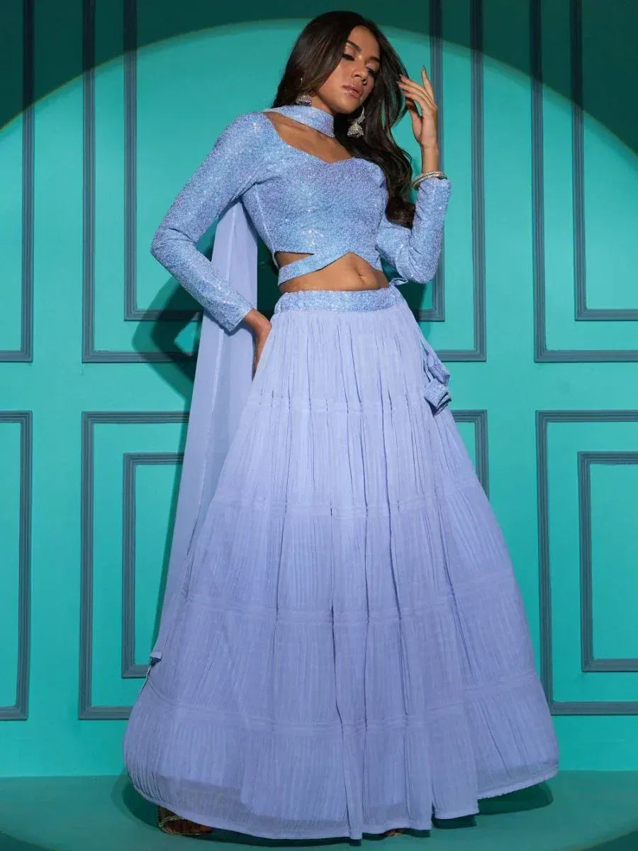 Light blue glitter lehenga choli with pleated skirt, perfect for Indian ethnic wear events