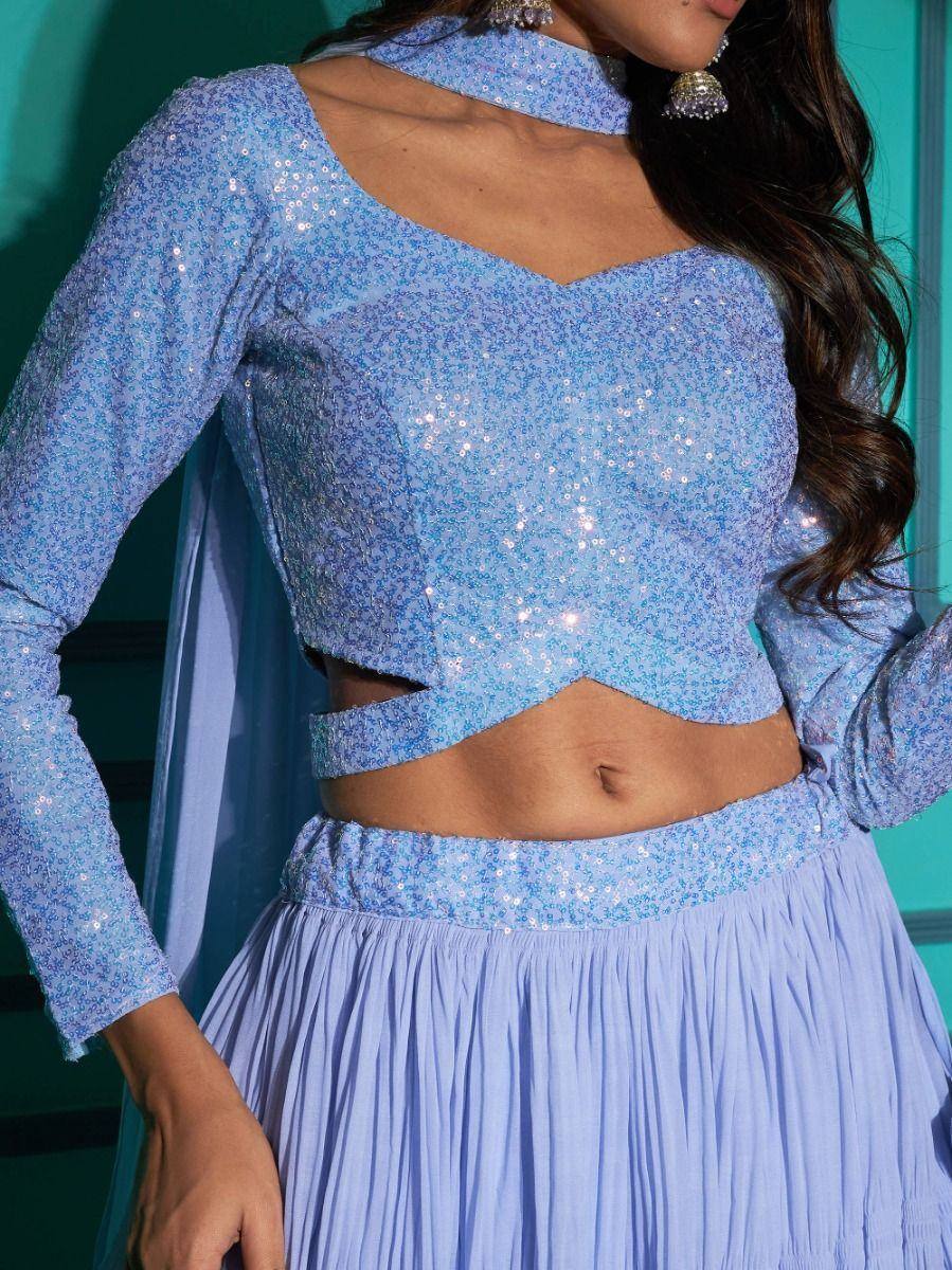 Light blue sequin lehenga choli with crop top and pleated skirt, ethnic Indian wear