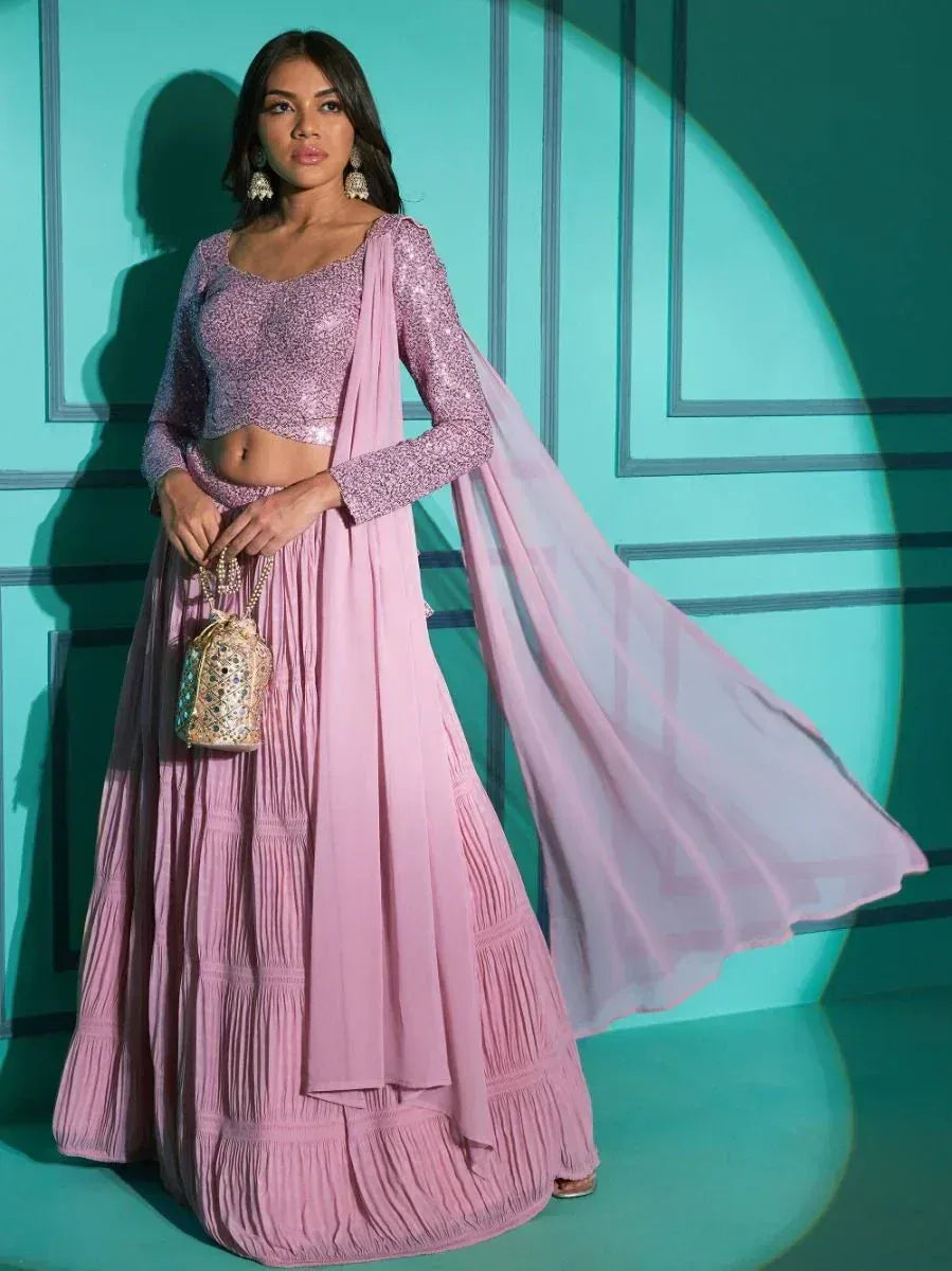 Pink sequin lehenga choli with pleated skirt and sheer dupatta, ethnic Indian wear for women