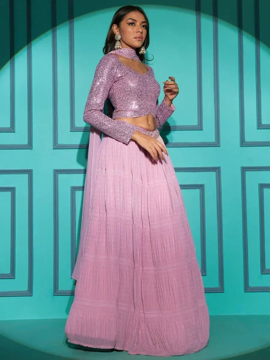 Pink sequin lehenga choli with pleated skirt, ethnic Indian wear for weddings and parties