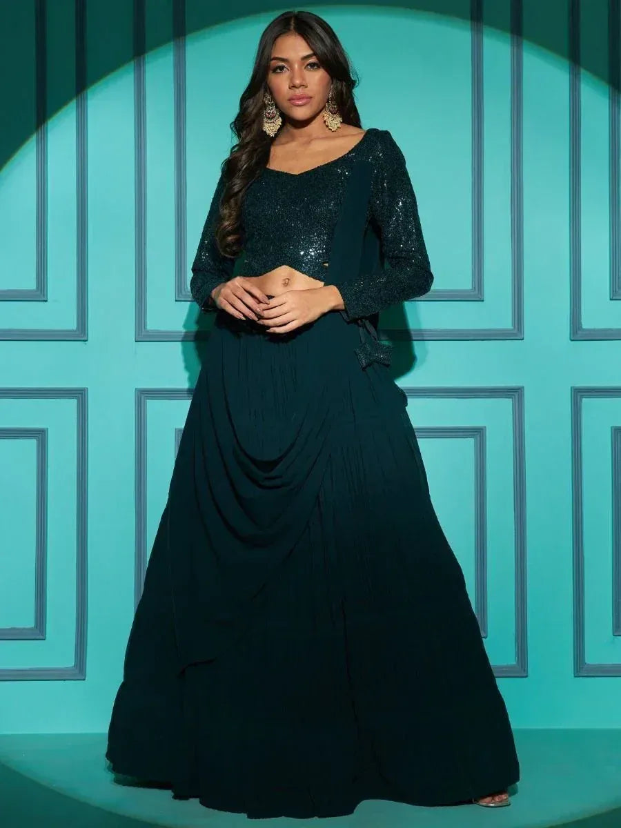 Dark green sequin lehenga choli with pleated skirt, perfect for Indian ethnic wear occasions