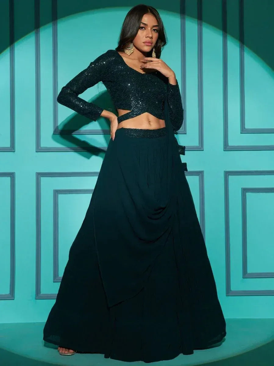 Black sequin lehenga choli with long sleeves and drape skirt, Indian ethnic wear