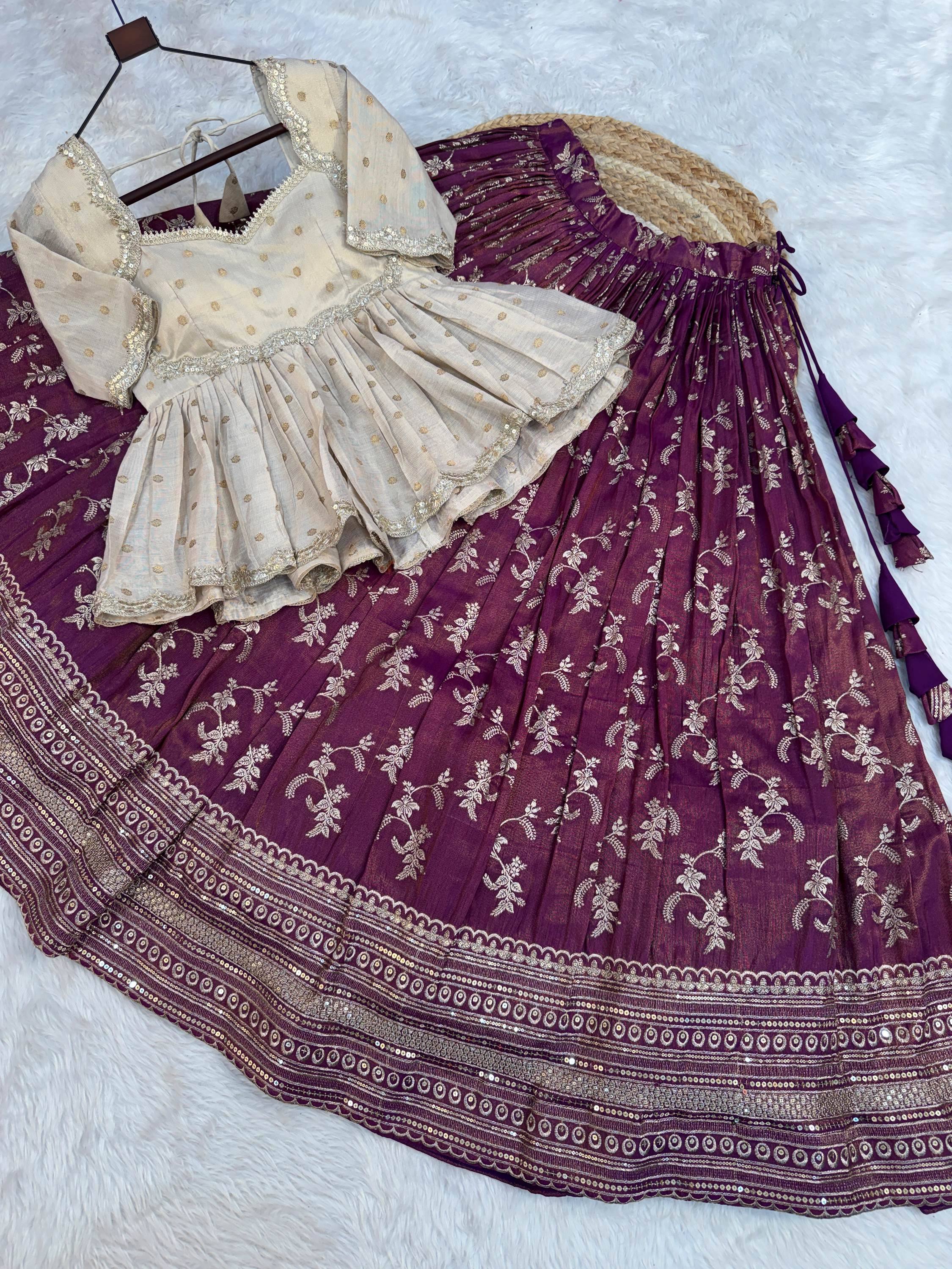 Majestic Purple Sequins Silk Marriage Wear Lehenga With Peplum Top