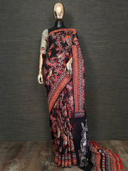 Classy Black Linen Floral Printed Casual Wear Saree With Blouse