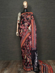 Classy Black Linen Floral Printed Casual Wear Saree With Blouse