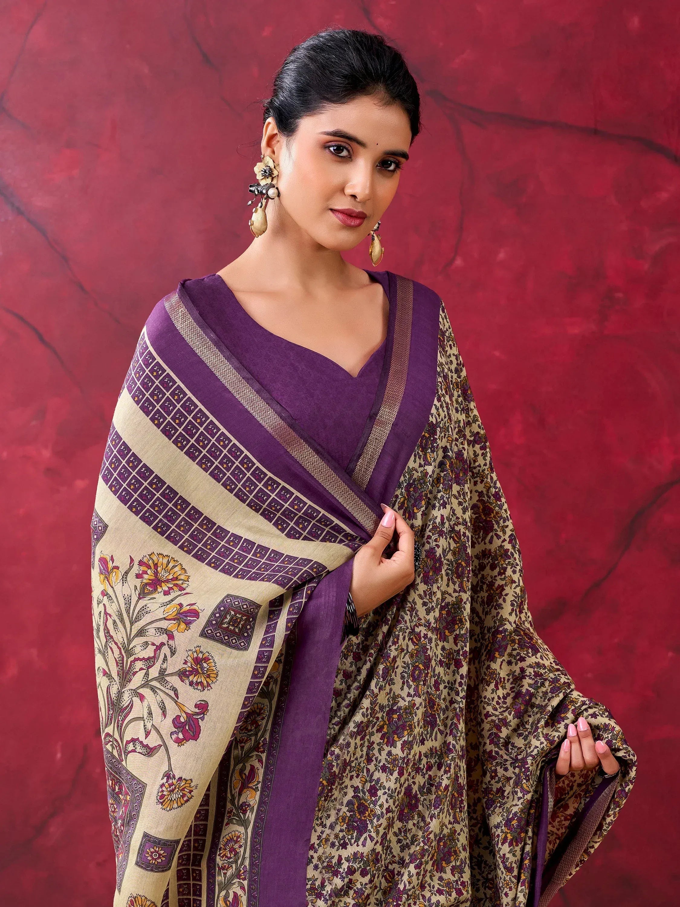 Graceful Purple Floral Printed Cotton Office Wear Saree With Blouse