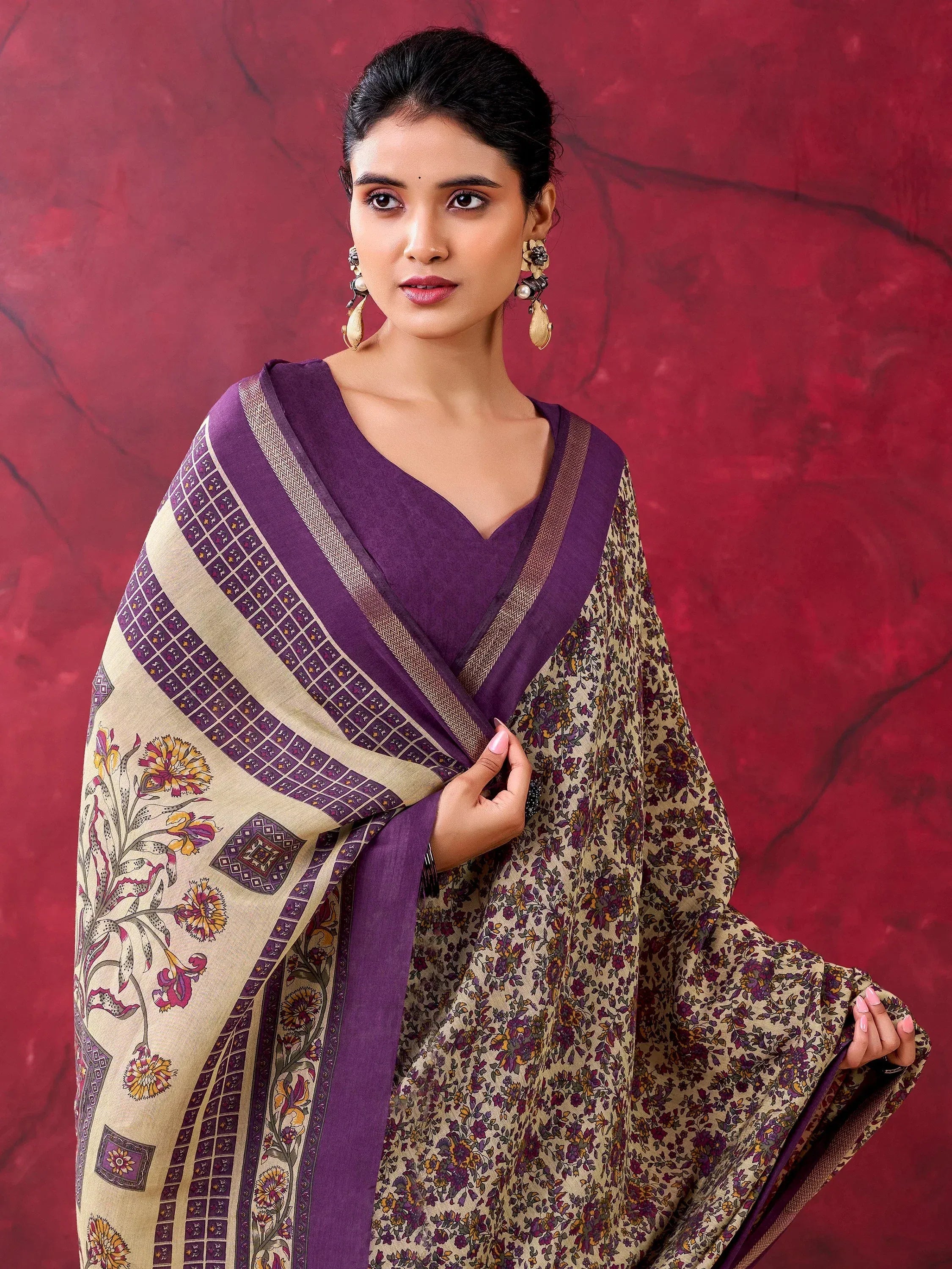 Graceful Purple Floral Printed Cotton Office Wear Saree With Blouse