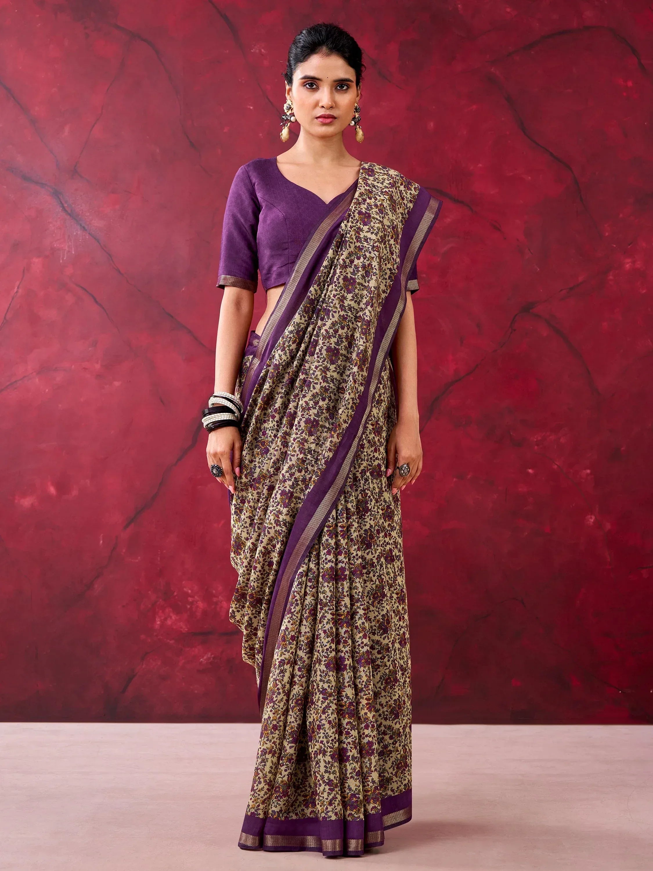 Graceful Purple Floral Printed Cotton Office Wear Saree With Blouse