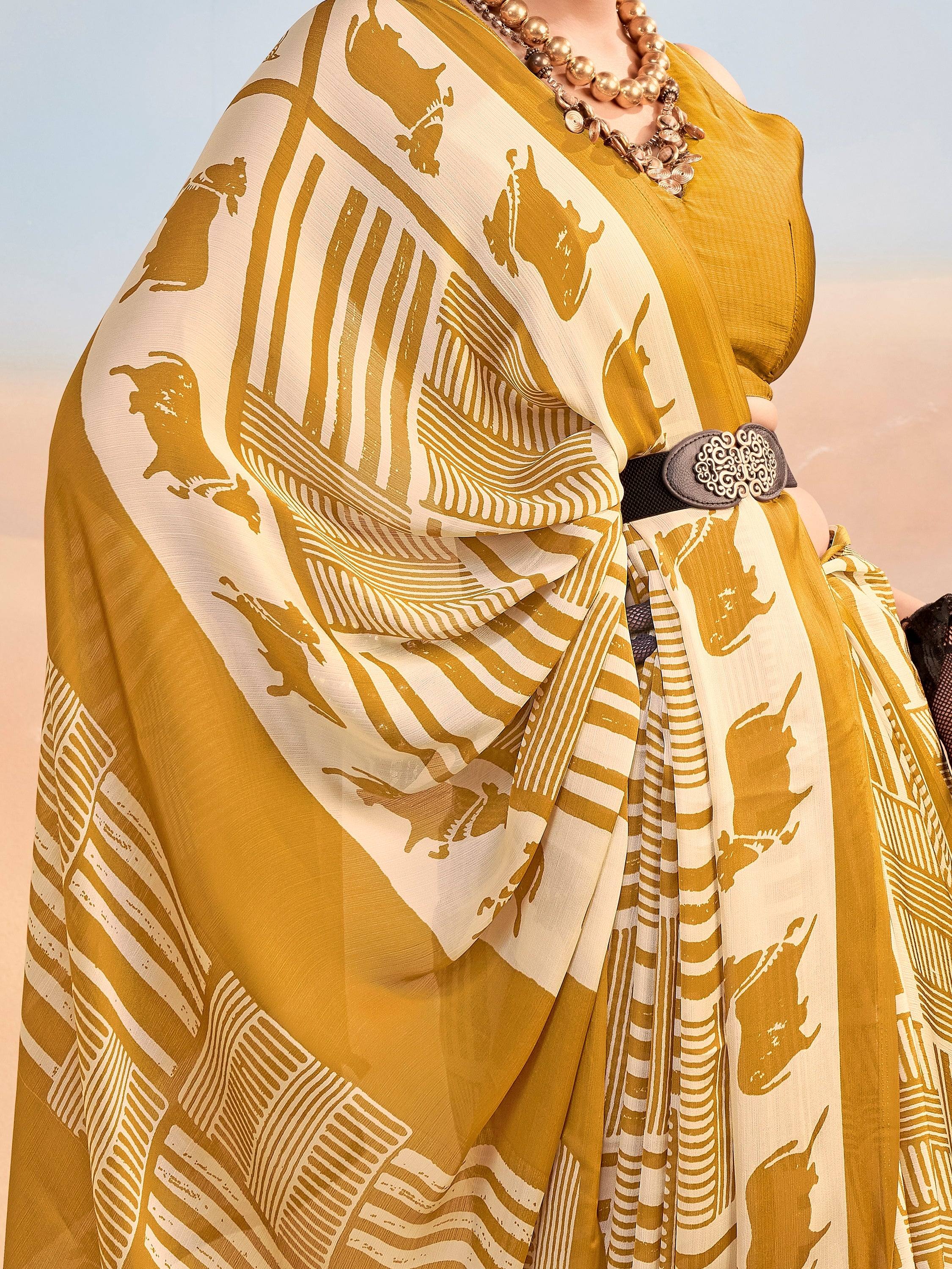 Regal Mustard Yellow Printed Satin Daily Wear Saree With Blouse