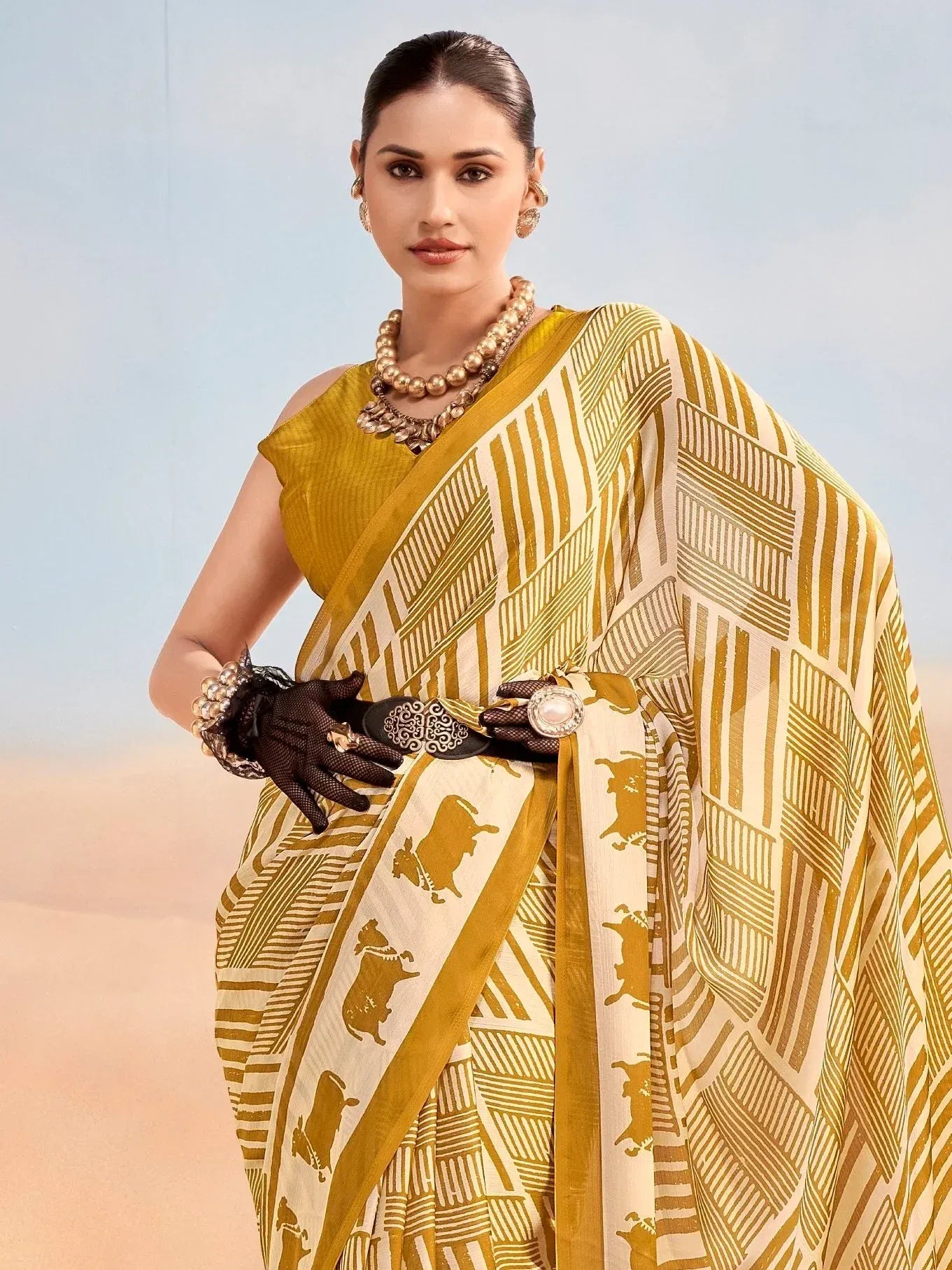 Regal Mustard Yellow Printed Satin Daily Wear Saree With Blouse