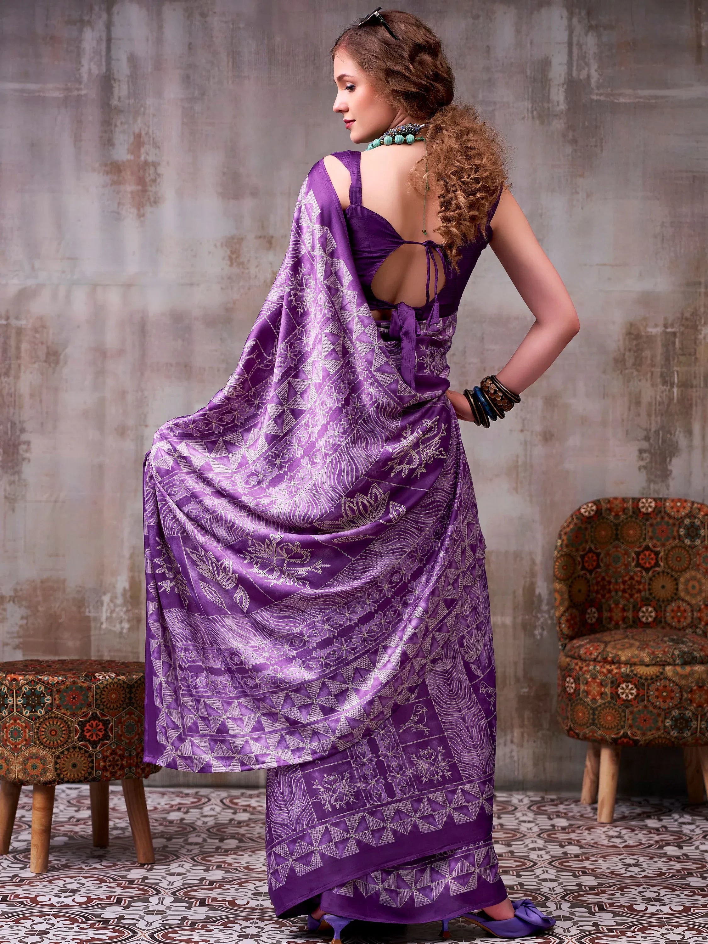 Dazzling Lavender Printed Satin Casual Wear Saree With Blouse