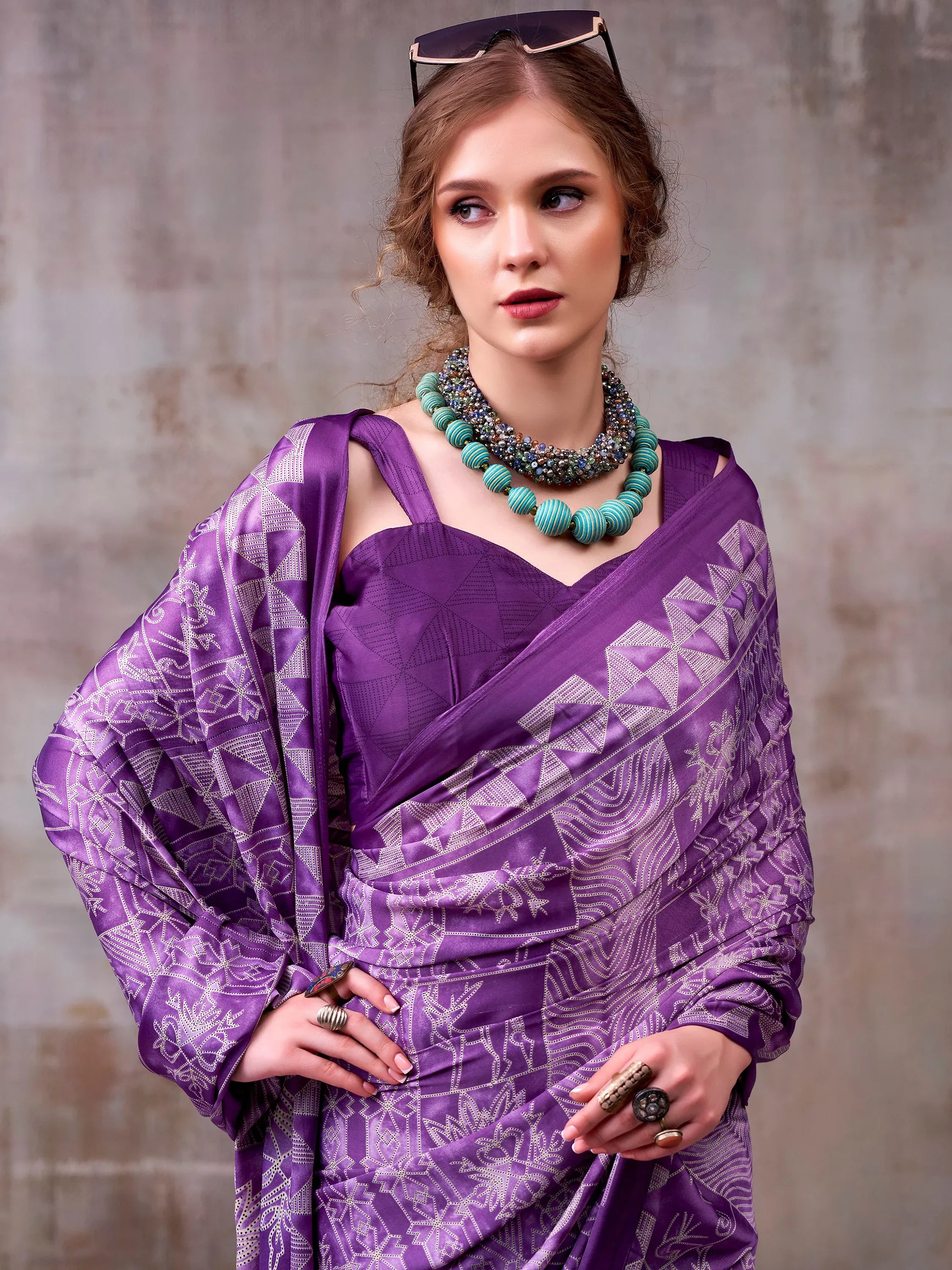 Dazzling Lavender Printed Satin Casual Wear Saree With Blouse