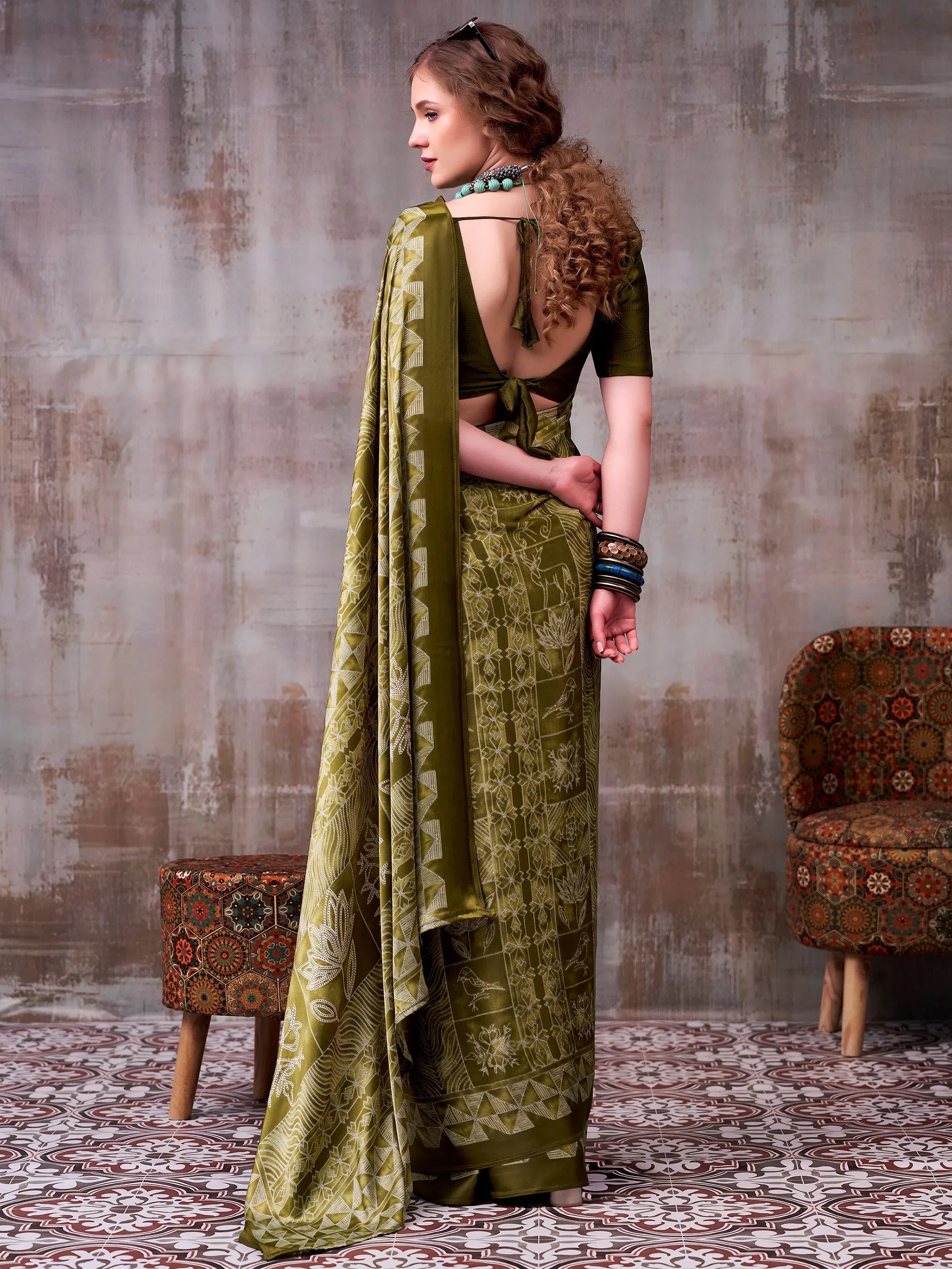 Glorious Olive Green Printed Satin Mehendi Wear Saree With Blouse