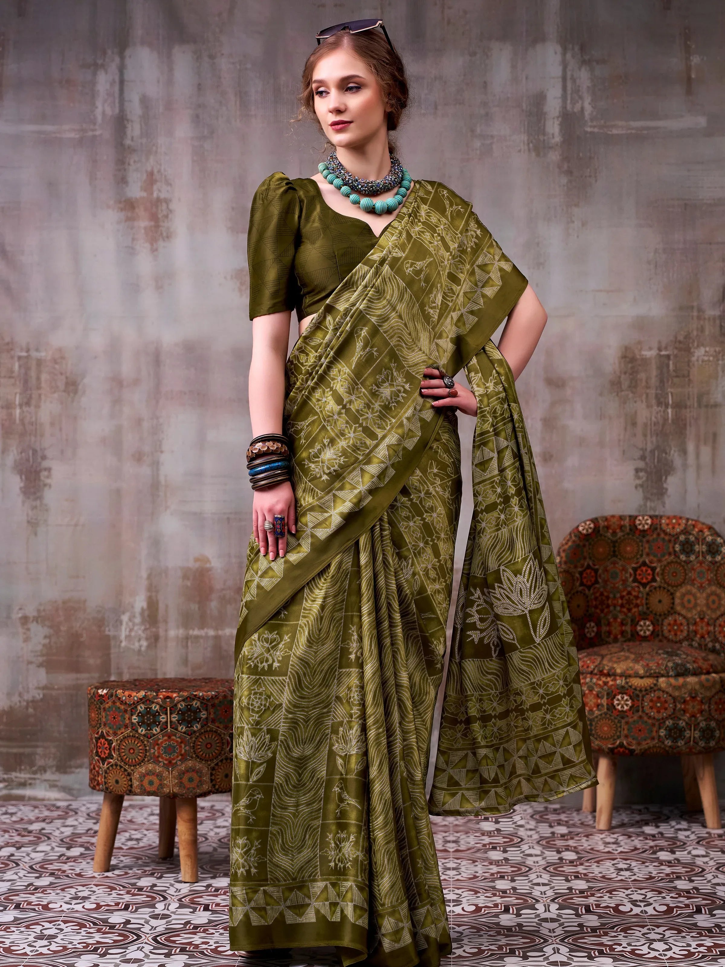 Glorious Olive Green Printed Satin Mehendi Wear Saree With Blouse